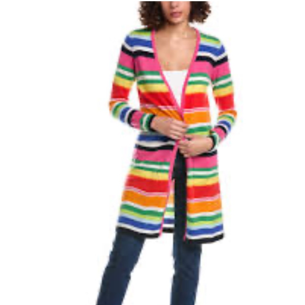 Minnie Rose Multicolored Striped Cashmere Cardigan Sweater NWT Large